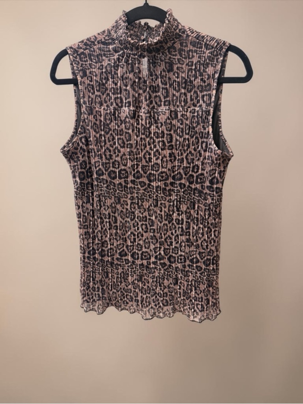 Adrianna Papell Blush Pink and Black Sleeveless Mock Neck Animal Print Top